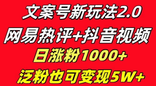【文案号新玩法】网易热评+抖音文案，一天涨粉1000+，实现月入5W+！