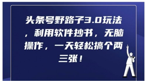 [支持免费下载]【头条号野路子3.0】软件抄书日赚两三张：零粉也能操作的盈利攻略