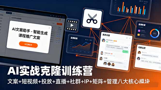 [支持免费下载]AI实战克隆训练营：八大核心模块，掌握AI文案、短视频、投放、直播、社群、IP、矩阵与管理
