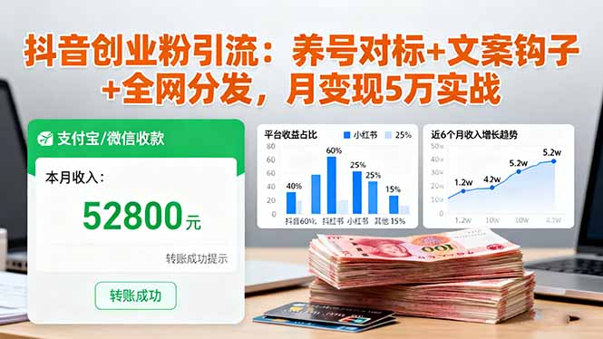 [支持免费下载]抖音创业粉引流：养号对标+文案钩子+全网分发，月变现5万实战
