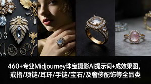 [支持免费下载]460+专业Midjourney珠宝摄影AI提示词：全品类覆盖，附成效果图，一键解锁商业级创作